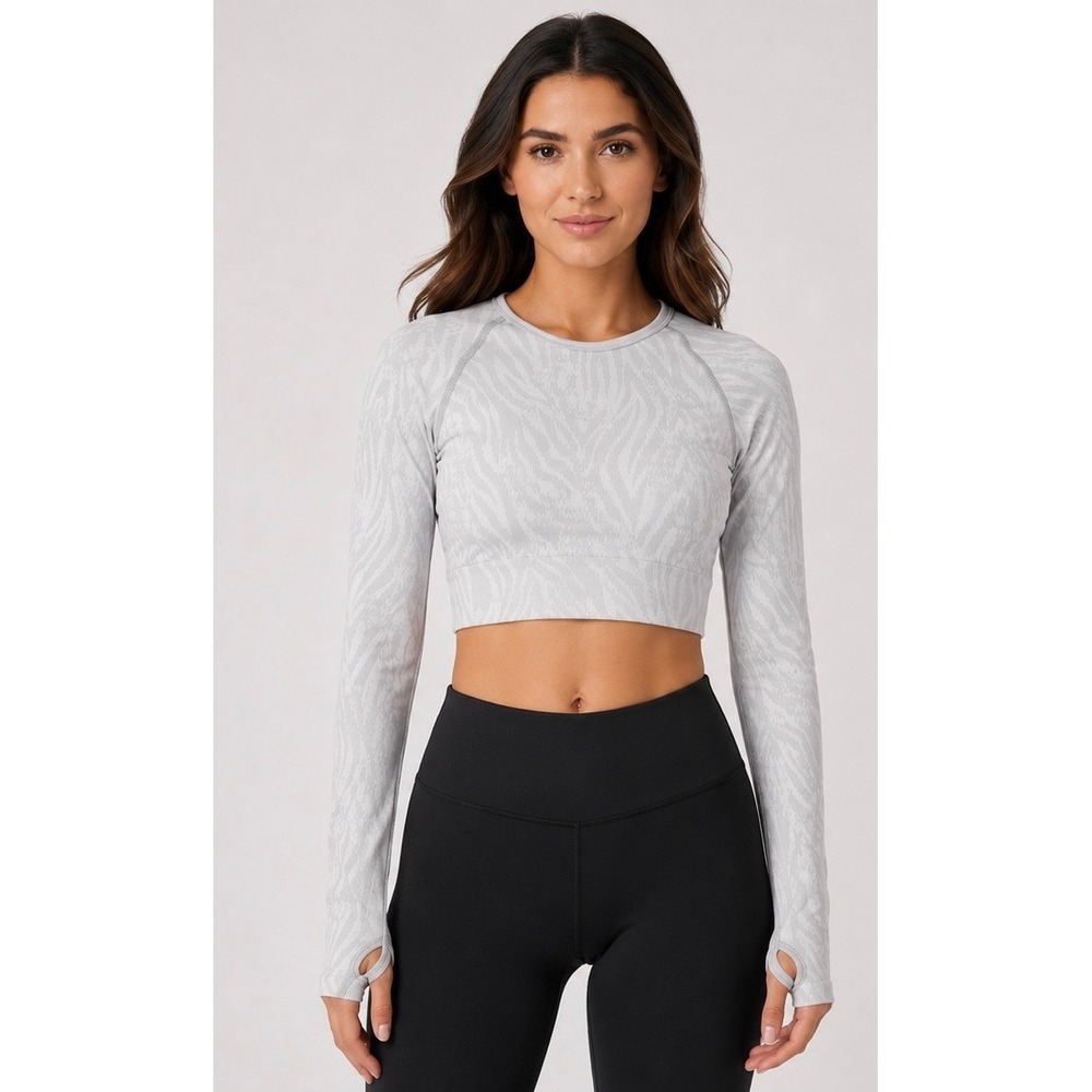 AYBL‎ Animal Seamless Long Sleeve Crop Top Grey Zebra Print Small Workout Gym